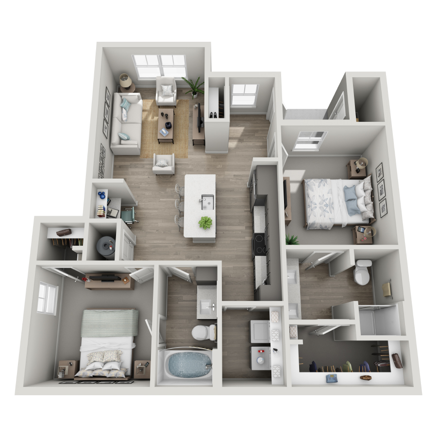 Rendering of the B2-L floor plan with 2 bedroom[s] and 2 bathroom[s] at Milo (Garden)